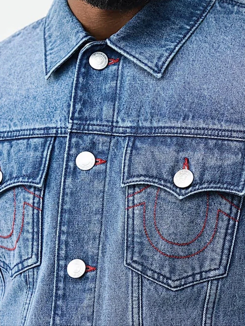 True Religion Mens logo print denim jacket Medium Blue Large